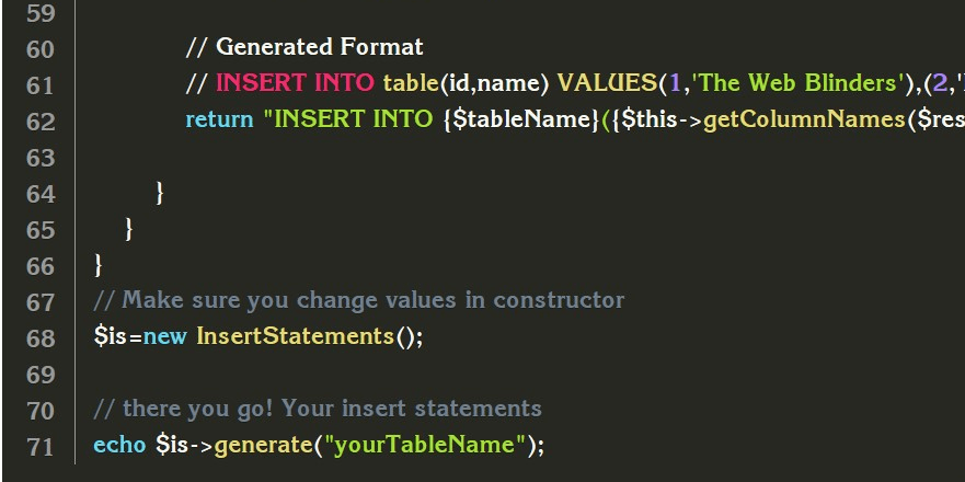 Php Mysqli - Generating Insert Statements for a table